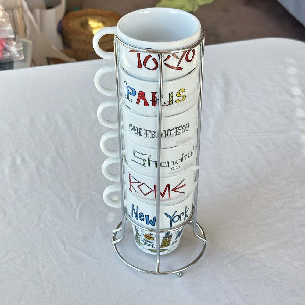 Set Of 6 World Market Cities Of The World Stackable Coffee Tea Mugs 10 Oz Cups